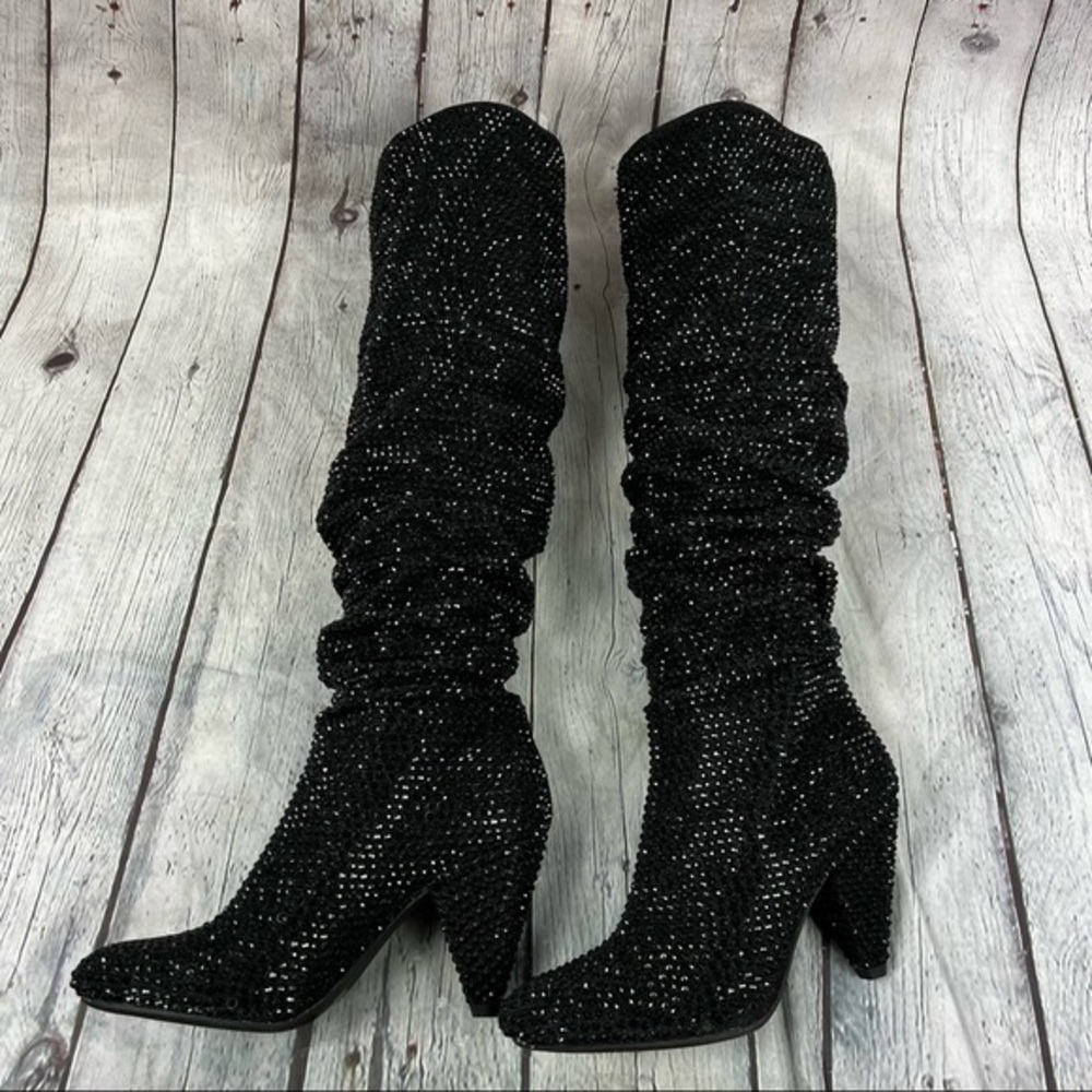 INC International Concepts Gerii 3 Embellished Slouchy Knee High Boots Black